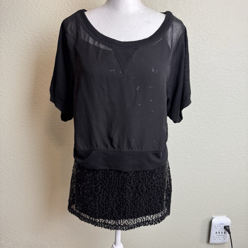 Weavers‎ Black Women's Sheer Short Sleeve Crop Top with Sequin Tank NWT Size L